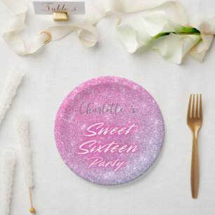 Elegant neon Pink Black retro Sweet 16th Birthday  Paper Plate