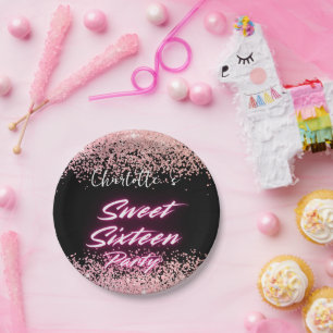 Elegant neon Pink Black retro Sweet 16th Birthday  Paper Plate