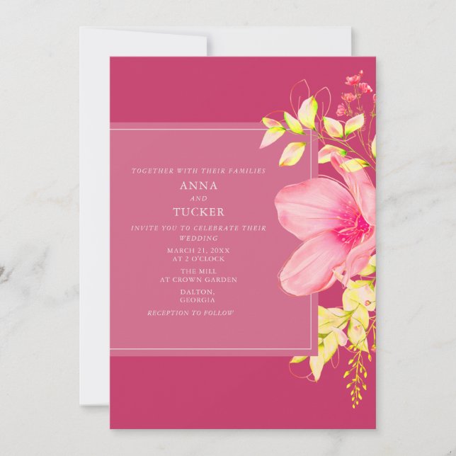 Elegant Neon Pink Floral Wedding Invitation (Front)