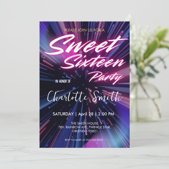 Elegant neon pink retro black Sweet 16th Birthday  Invitation (Standing Front)
