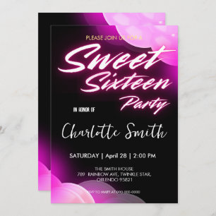 Elegant neon pink retro black Sweet 16th Birthday  Invitation