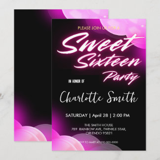 Elegant neon pink retro black Sweet 16th Birthday Invitation