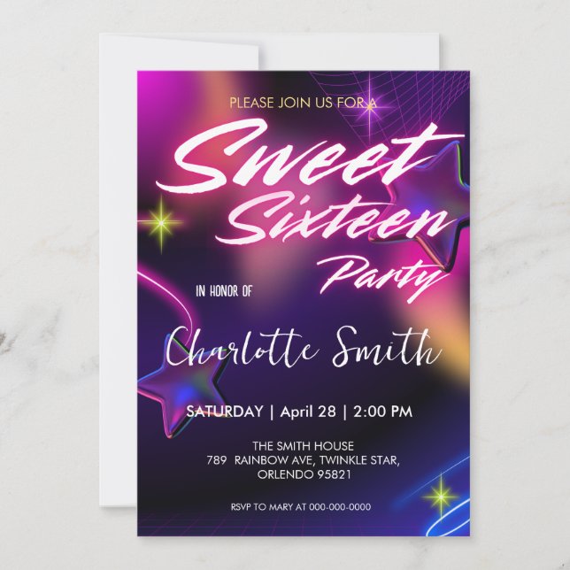 Elegant neon pink retro black Sweet 16th Birthday  Invitation (Front)