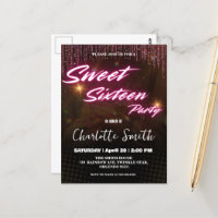 Elegant neon pink retro black Sweet 16th Birthday