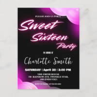 Elegant neon pink retro black Sweet 16th Birthday