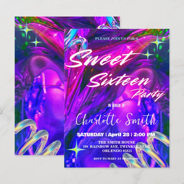 Elegant neon pink retro black Sweet 16th Birthday  Postcard (Front/Back)