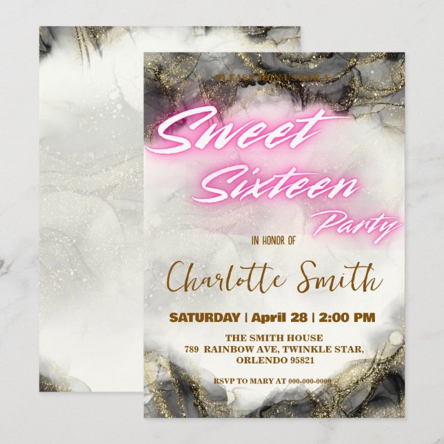 Elegant neon pink retro Gold Sweet 16th Birthday  (Front/Back)