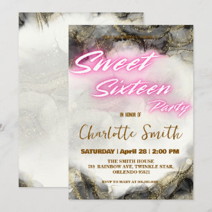 Elegant neon pink retro Gold Sweet 16th Birthday