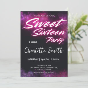 Elegant neon pink Retro Sweet 16th Birthday girly Invitation