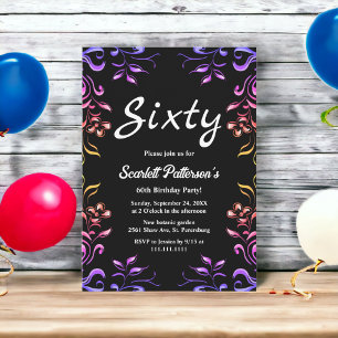 Elegant Neon Roses Black Floral 60th Birthday Invitation