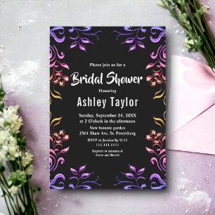 Elegant Neon Roses Black Floral Bridal Shower Invitation