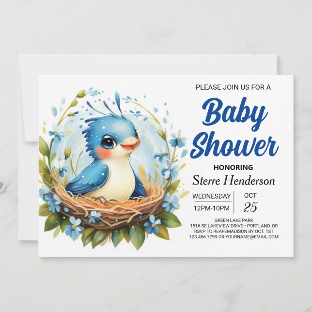 Elegant Nest Woodland Bird Boy Baby Shower Invitation (Front)