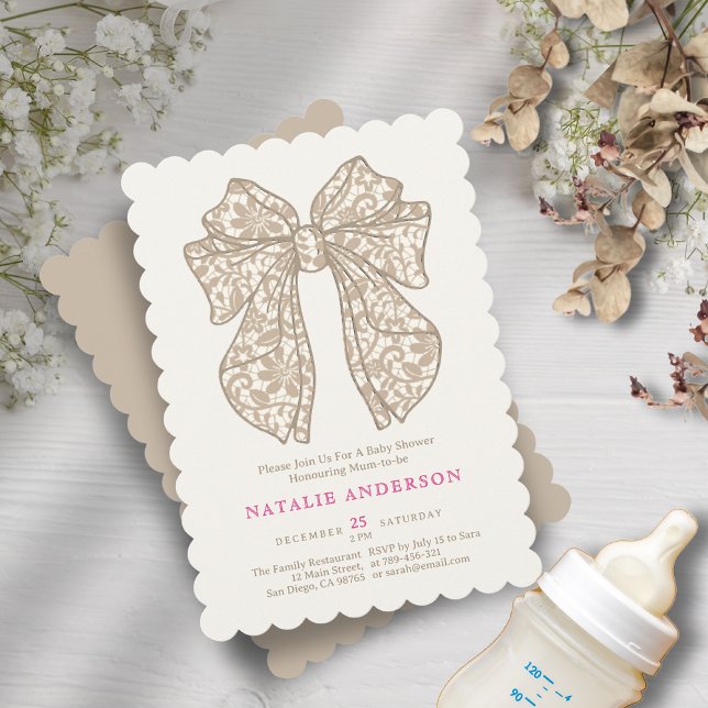 Elegant Neutral Beige Floral Lace Bow Baby Shower Invitation (Elegant Neutral Beige Floral Lace Bow Baby Shower Invitation)