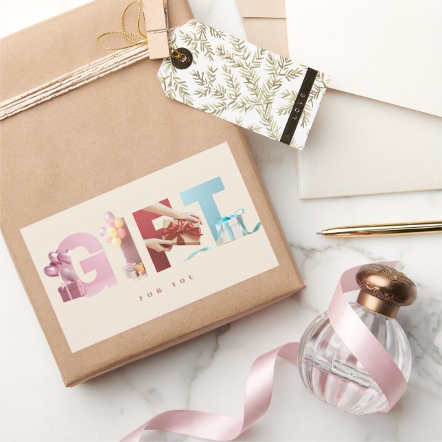 Elegant Neutral Beige GIFT Photo Typography Large Rectangular Sticker (Gifting)