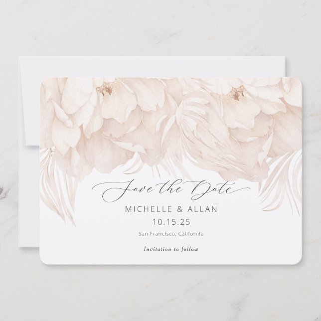 Elegant neutral beige peony floral wedding save the date (Front)