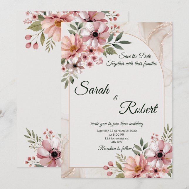 Elegant Neutral Blush Floral Save The Date Card (Front/Back)
