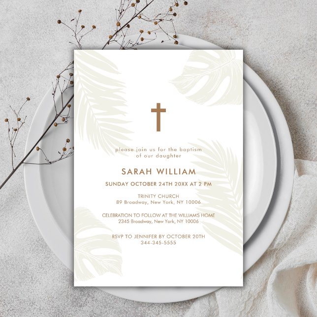 Elegant Neutral Boho Leaves Gold Cross Baptism  Invitation (Elegant Neutral Boho Leave Gold Cross Baptism Invitation)