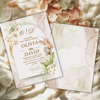 Elegant Neutral Boho Pampas Grass & Floral Wedding Invitation