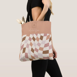 Elegant Neutral Chequered Personalised Monogram Tote Bag