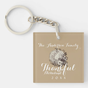 Elegant Neutral Family Name Blessed and Thankful Key Ring
