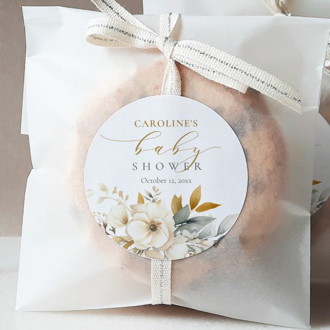 Elegant Neutral Floral Baby In Bloom Baby Shower Classic Round Sticker (Creator Uploaded)