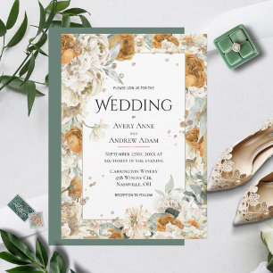 Elegant Neutral Floral Gold Watercolor Wedding Invitation