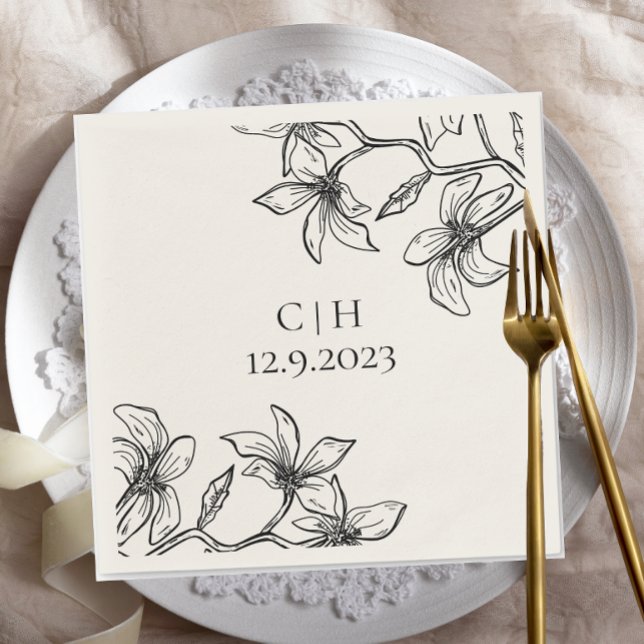 Elegant Neutral Floral Monogram Wedding  Napkin (Creator Uploaded)