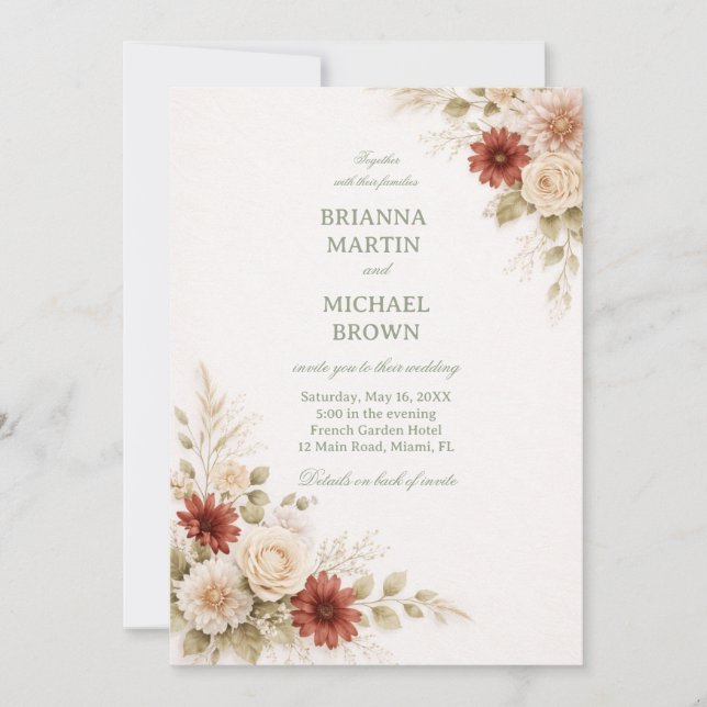 Elegant Neutral Floral Rust Invitation (Front)