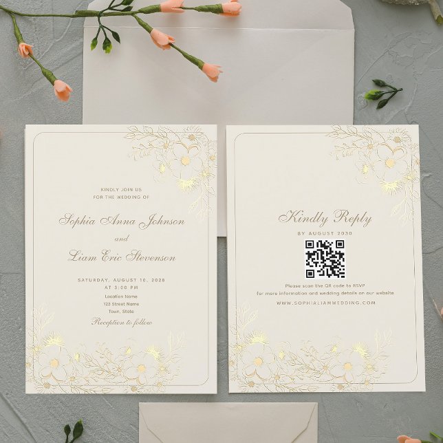 Elegant Neutral Gold Floral Wedding Invitation (Creator Uploaded)