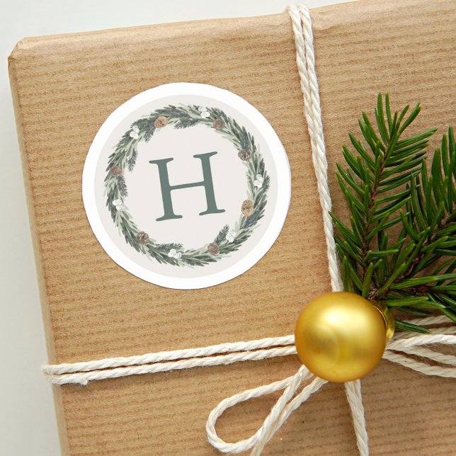 Elegant Neutral Greenery Pine Wreath Holiday Classic Round Sticker (Creator Uploaded)