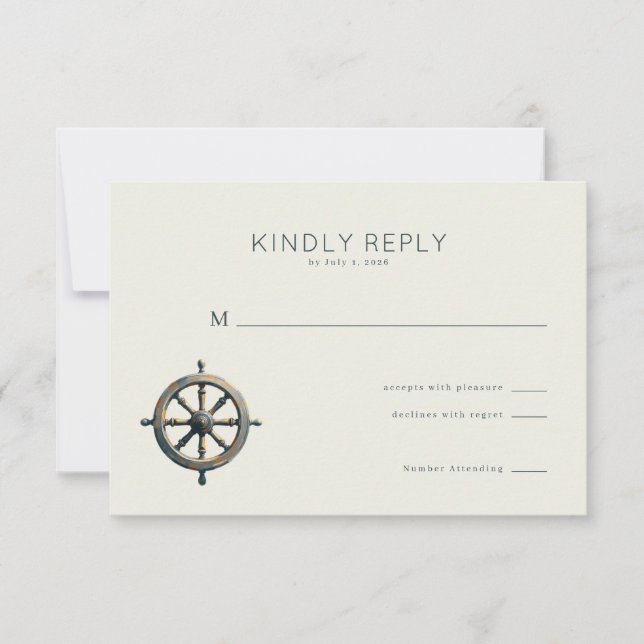 Elegant Neutral Nautical Wheel RSVP Card (Front)