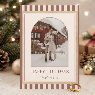 Elegant Neutral Striped Arch Photo Christmas Holiday Card