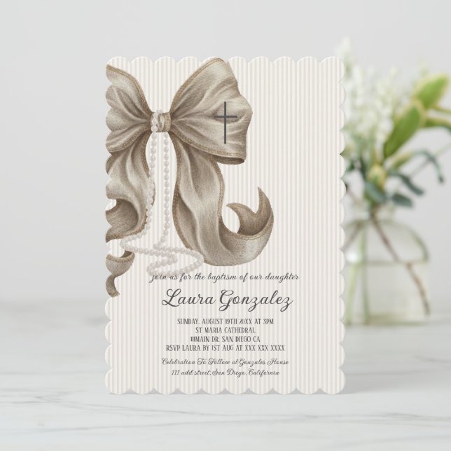 Elegant Neutral Striped Bow Baptism Invitation (Standing Front)