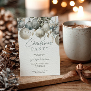 Elegant Neutral Watercolor Baubles Christmas Party Invitation