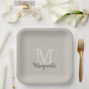 Elegant Neutrals Name and Initial Monogram Paper Plate