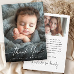 Elegant new baby announcement photo thank you<br><div class="desc">New baby thank you card featuring your photo and the text "thank you" on the front in an elegant handwritten style font. Additional photo and custom message on the back. Change colours,  move and resize elements in the design tool.</div>