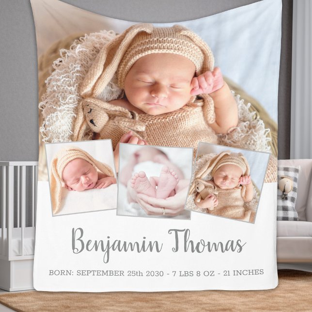 Elegant New Baby Personalised 4 Photo Collage Fleece Blanket (Creator Uploaded)