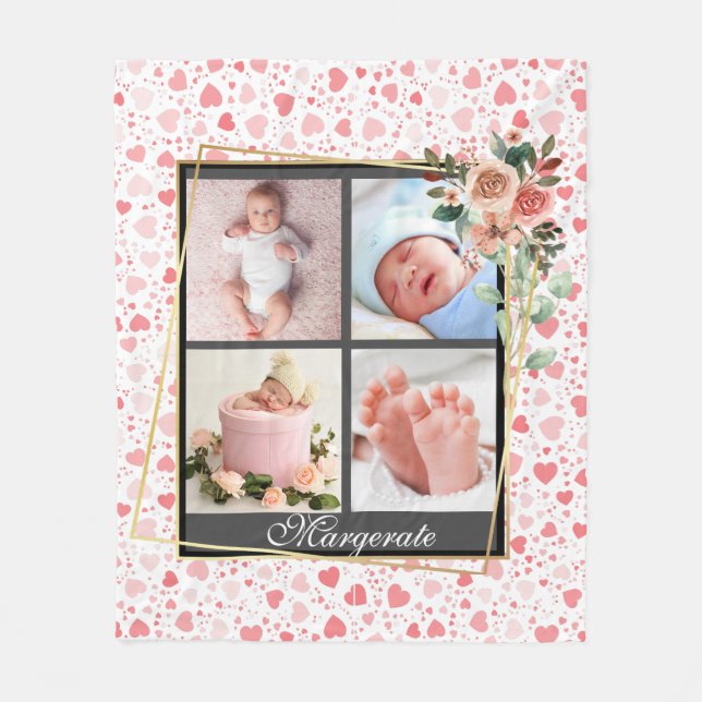Elegant New Baby Personalised 4 Photo Collage  Fleece Blanket (Front)