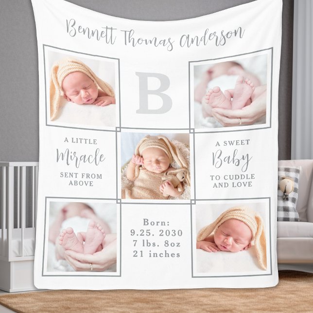 Elegant New Baby Personalised 5 Photo Collage Fleece Blanket (Creator Uploaded)