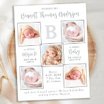 Elegant New Baby Unique 5 Photo Birth Announcement Postcard<br><div class="desc">Announce your new baby to friends and family with these elegant, fun modern and unique photo collage birth announcement cards. Customise with 5 of your photos, and personalise with monogram initial, name, birth stats. Inspirational quote: "A little Miracle sent from above, a sweet Baby to cuddle and love" . COPYRIGHT...</div>