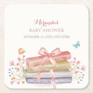 Elegant New Chapter Floral Bow Book Baby Shower Square Paper Coaster