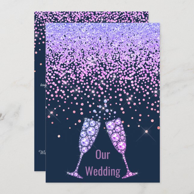 ELEGANT New crystal diamond wedding NAVY PURPLE Invitation (Front/Back)