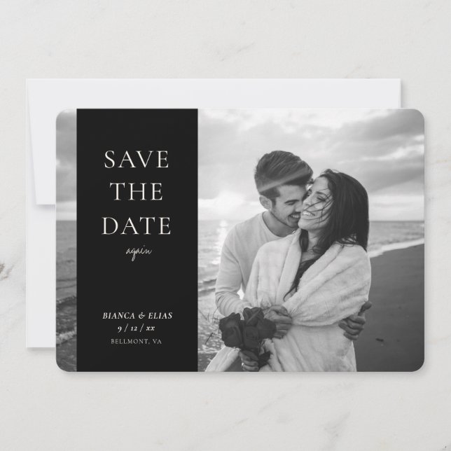 Elegant New Date Modern Script Photo Black White Save The Date (Front)