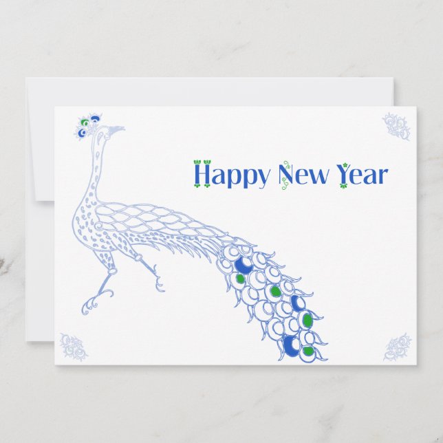 Elegant New Year blank card in peacock blue, green (Front)