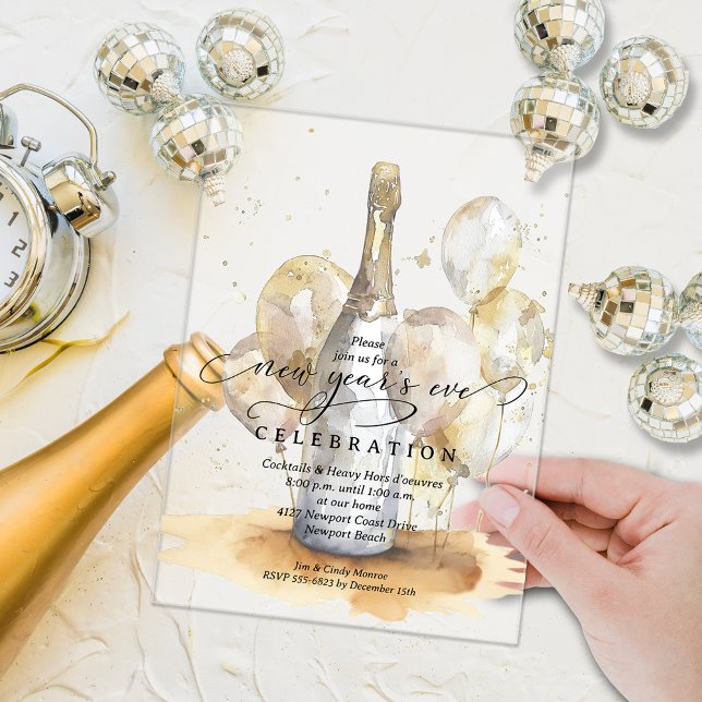 Elegant New Year's Eve Champagne & Balloons Acrylic Invitations (Elegant New Year's Eve champagne and gold balloons ACRYLIC party invitations)