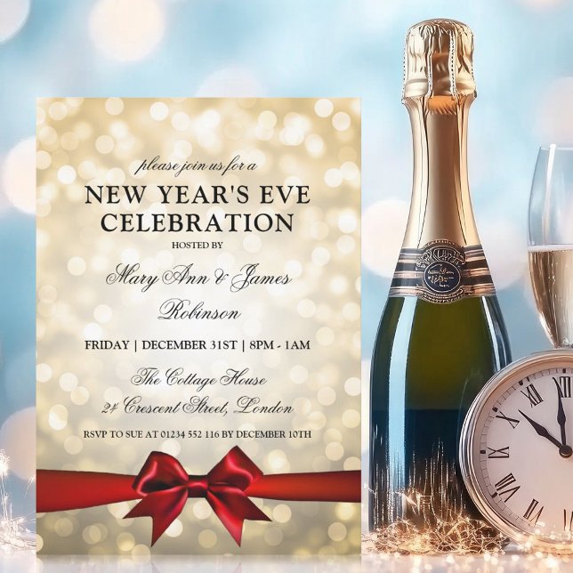 Elegant New Years Eve Gold Bokeh Lights Red Bow Invitation (Elegant New Years Eve Gold Bokeh Lights Red Bow Invitation)