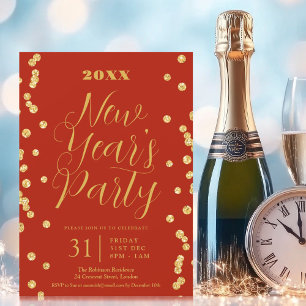 Elegant New Years Eve Gold Glitter Confetti Red  Invitation