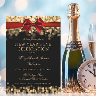 Elegant New Years Eve Gold Shimmering Lights Bow Invitation
