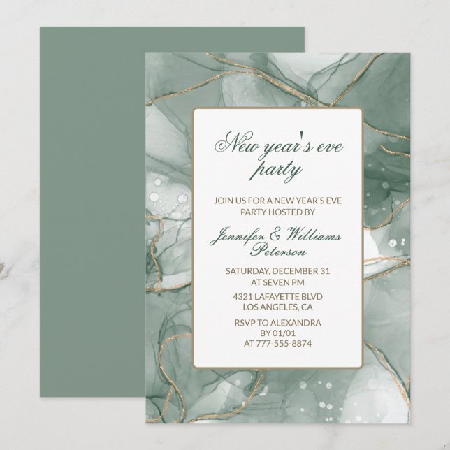 Elegant New year's eve invitation Green Gold (Front/Back)