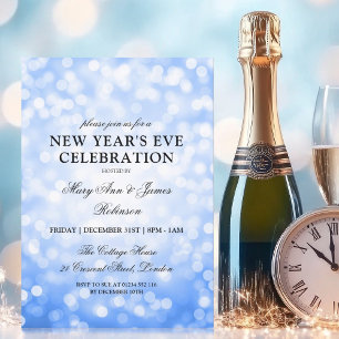 Elegant New Years Eve Navy Blue Bokeh Lights Invitation